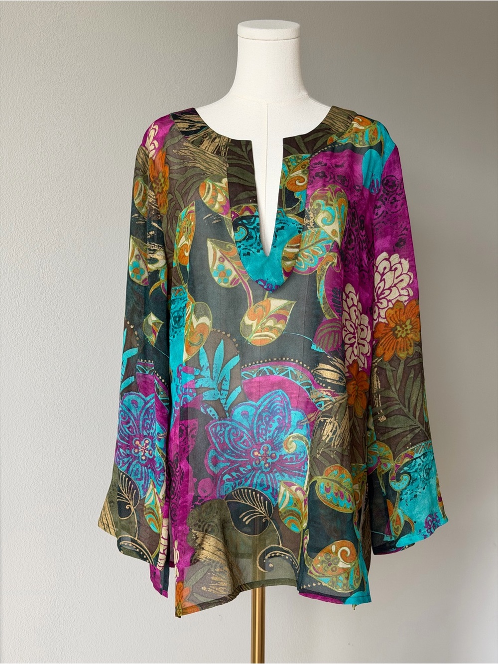 Chico's Silk Multicolor Floral Split-Neck Tunic Blouse in Teal & Magenta - 2